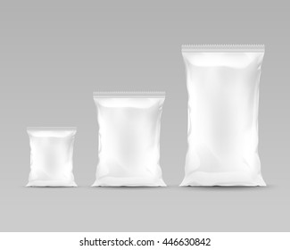 Vector Set of Vertical Sealed Empty Plastic Foil Bags of Different Size for Package Design with Serrated Edges Front View Close up Isolated on White Background - Shutterstock ID 446630842