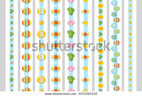 Vector set of vertical seamless border pattern.\
Eastern eggs with cute arts, festive design, trendy punch pastel\
colors. Template for washi tape (means paper tape), masking tape,\
dividers