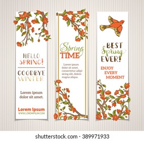 Vector set of vertical spring banners. Red flowers, leaves and birds on tree branches. Hello spring. Goodbye winter! Spring time. Best spring ever! There is place for your text on white background.