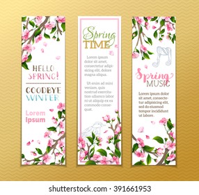 Vector set of vertical spring banners. Pink sakura flowers, leaves and bird contours on tree branches. Hello spring! Goodbye winter! Spring time. Spring music. There is place for your text.