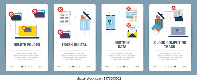 Vector set of vertical web banners with delete folder, trash digital, destroy data and cloud computing trash. Vector banner template for website and mobile app development with icon set.