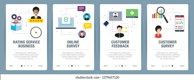 Vector set of vertical web banners with rating service business, online survey, customer feedback and customer survey. Vector banner template for website and mobile app development with icon set.