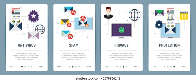 Vector set of vertical web banners with antivirus for protection,  blocking spam, protect of privacy, virus and phishing. Vector banner template for website and mobile app development with icon set.