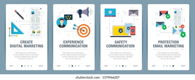 Vector set of vertical web banners with digital marketing, experience and safety communication, protection email marketing.Vector banner template for website and mobile app development with icon set.