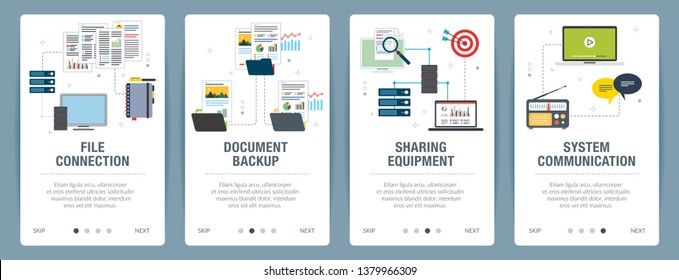 Vector set of vertical web banners with file connection, document backup, sharing equipment and system communication. Vector banner template for website and mobile app development with icon set.