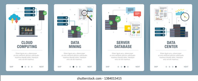 Vector set of vertical web banners with cloud computing, data mining, server database and data center. Vector banner template for website and mobile app development with icon set.