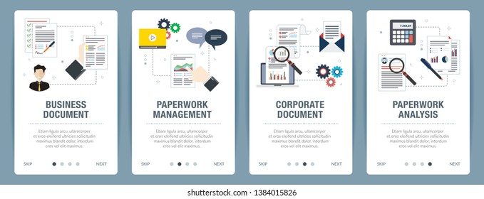 Vector set of vertical web banners with business document, paperwork management, corporate document, paperwork analysis. Vector banner template for website and mobile app development with icon set.