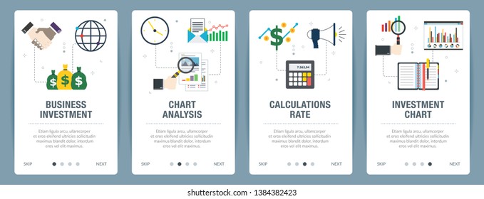 Vector set of vertical web banners with business investment, chart analysis, calculations rate and investment chart. Vector banner template for website and mobile app development with icon set.