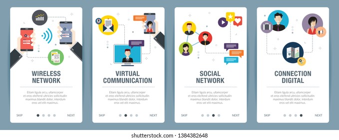Vector set of vertical web banners with wireless network, virtual communication, social network, connection digital. Vector banner template for website and mobile app development with icon set.