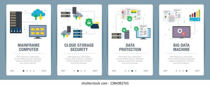 Vector set of vertical web banners with mainframe computer, cloud storage security,  data protection, big data machine. Vector banner template for website and mobile app development with icon set.