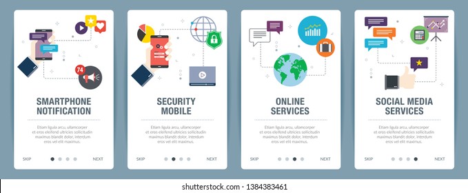 Vector set of vertical web banners with smartphone notification, security mobile, online services, social media services. Vector banner template for website and mobile app development with icon set.