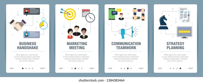 Vector set of vertical web banners with business handshake, marketing meeting, communication teamwork and strategy. Vector banner template for website and mobile app development with icon set.
