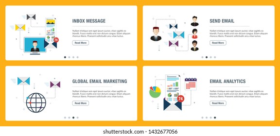 Vector set of vertical web banners with inbox message, send email, global email marketing and email analytics. Vector banner template for website and mobile app development with icon set.