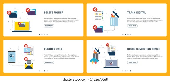 Vector set of vertical web banners with delete folder, trash digital, destroy data and cloud computing trash. Vector banner template for website and mobile app development with icon set.
