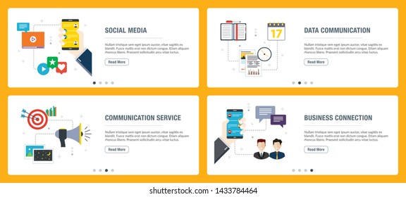 Vector set of vertical web banners with social media, data communication, communication service, business connection. Vector banner template for website and mobile app development with icon set.