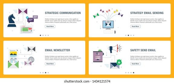 Vector set of vertical web banners with communication, strategy email sending, newsletter and safety send email.Vector banner template for website and mobile app development with icon set.