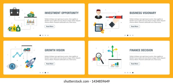 Vector set of vertical web banners with investment opportunity, business visionary, growth vision  and finance decision. Vector banner template for website and mobile app development with icon set.