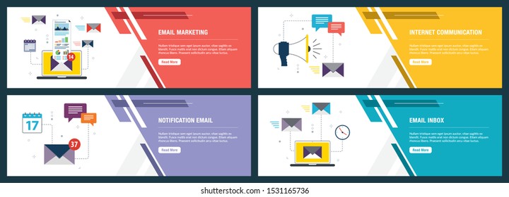 Vector Set Of Vertical Web Banners With Email Marketing, Internet Communication, Notification Email And Email Inbox. Vector Banner Template For Website And Mobile App Development With Icon Set.