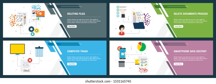 Vector set of vertical web banners with deleting files, delete documents, computer trash and smartphone data destroy. Vector banner template for website and mobile app development with icon set.