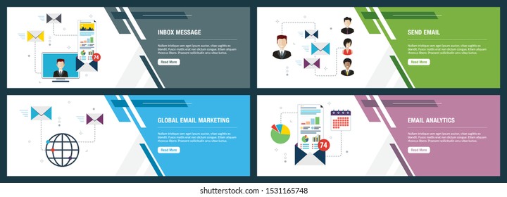 Vector Set Of Vertical Web Banners With Inbox Message, Send Email, Global Email Marketing And Email Analytics. Vector Banner Template For Website And Mobile App Development With Icon Set.