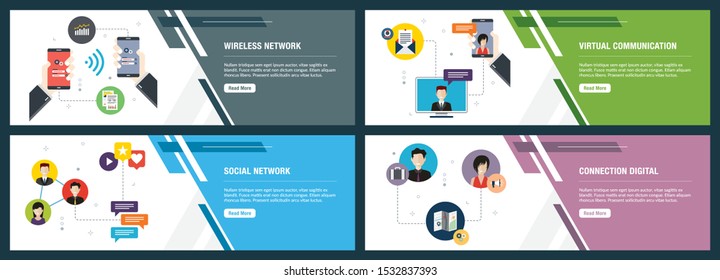 Vector set of vertical web banners with wireless network, virtual communication, social network, connection digital. Vector banner template for website and mobile app development with icon set.