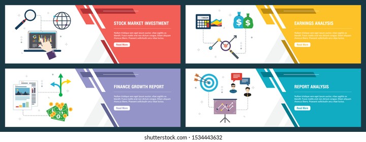 Vector set of vertical web banners with stock market investment, earnings analysis, finance growth, report analysis. Vector banner template for website and mobile app development with icon set.