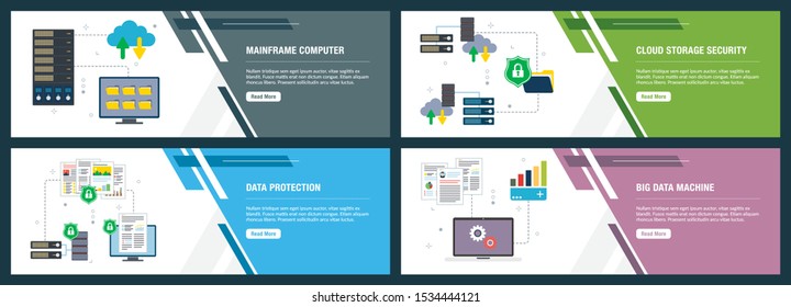 Vector set of vertical web banners with mainframe computer, cloud storage security,  data protection, big data machine. Vector banner template for website and mobile app development with icon set.