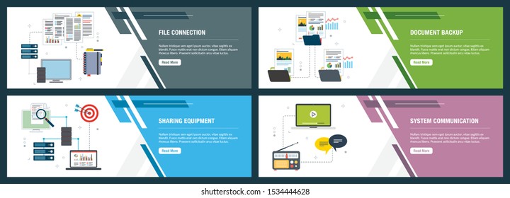 Vector set of vertical web banners with file connection, document backup, sharing equipment and system communication. Vector banner template for website and mobile app development with icon set.