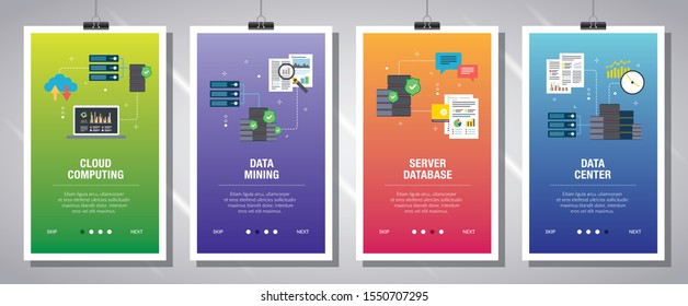 Vector set of vertical web banners with cloud computing, data mining, server database and data center. Vector banner template for website and mobile app development with icon set.