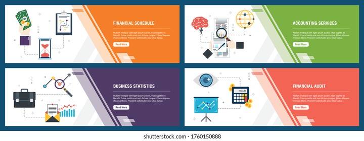 Vector set of vertical web banners with financial schedule, accounting services, business statistics, financial audit. Vector banner template for website and mobile app development with icon set.