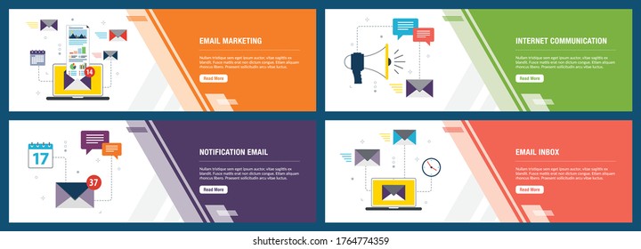 Vector Set Of Vertical Web Banners With Email Marketing, Internet Communication, Notification Email And Email Inbox. Vector Banner Template For Website And Mobile App Development With Icon Set.