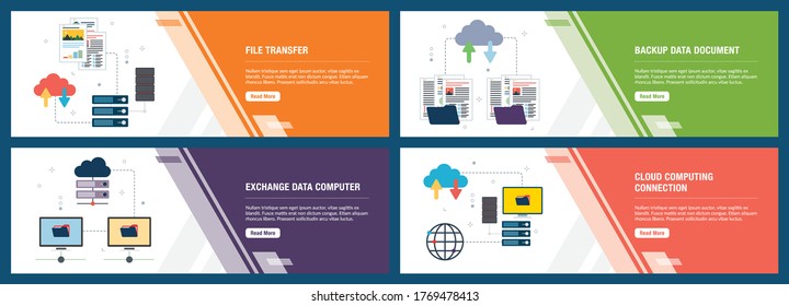 Vector set of vertical web banners with file transfer, backup data document, exchange data computer and cloud computing.Vector banner template for website and mobile app development with icon set.