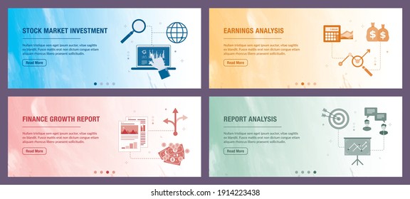 Vector set of vertical web banners with stock market investment, earnings analysis, finance growth, report analysis. Vector banner template for website and mobile app development with icon set.