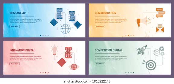 Conjunto de vectores de banners web verticales con iconos app, comunicación, innovación digital, competencia digital. Plantilla de banner vectorial para el desarrollo de sitios web y aplicaciones móviles con conjunto de iconos.