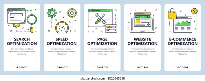 Vector set of vertical website banners. Search optimization and speed, page, website and e-commerce optimization web templates. Modern thin line flat style design.