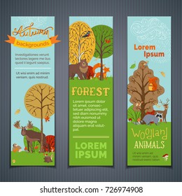 Vector set of vertical woodland banners. Cute wild animals and birds between autumn trees. Fox, moose, deer, bear, squirrel, raccoon, hedgehog and others. Trees, grass and mushrooms. Rain clouds.