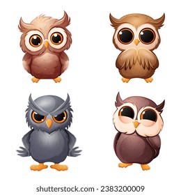 Vector set of very cute owls. Cartoon illustrations in different poses and different emotions