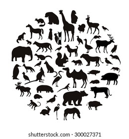 Vector set of very detailed animal silhouettes on isolated background.