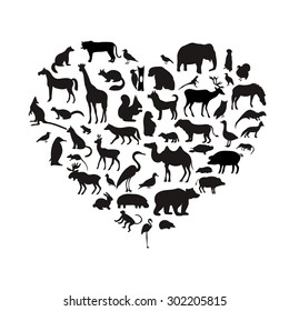 Vector Set Of Very Detailed Animal Silhouettes On Isolated Background.