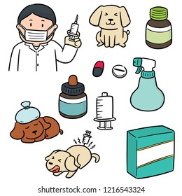 vector set of veterinarian, animal and equipment