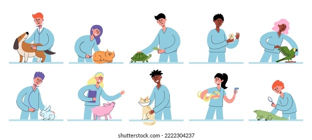 Conjunto de vectores de veterinarios con diferentes mascotas en cita veterinaria. Mujeres y hombres con diferentes animales enfermos - lechón, loro, perro, serpiente y gato, iguana y hámster en estilo plano.