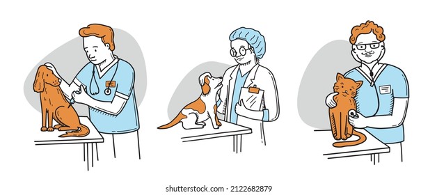 Conjunto de vectores de veterinarios que cuidan perros y gatos. ilustraciones dibujadas a mano. Para una clínica veterinaria. Tienda de mascotas. garabato