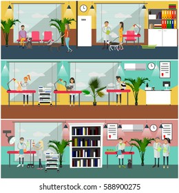 Vector set of veterinary care concept posters, banners. Medical staff, clients with their pets, interior design elements in flat style.