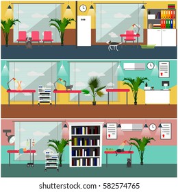 Vector set of veterinary clinic interior concept posters, banners. Flat style design elements.