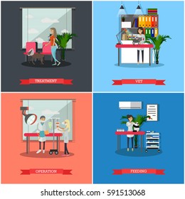 Vector set of veterinary clinic services concept posters, banners. Treatment, Vet, Operation and Feeding design elements in flat style.
