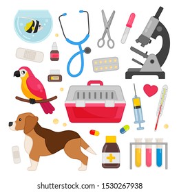 Vector set of veterinary icons. Illustration of Pets and tools for treating animals.
