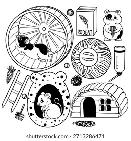 Vector conjunto de productos veterinarios con roedores. Colección de productos para el cuidado de mascotas. Elementos gráficos para alimentación, tratamiento, cuidado, juegos y Ocio para hámsteres y ratones