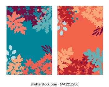 Vector set of vibrant hand drawn autumn tree leaves backgrounds with negative space - banners, posters, cover design templates