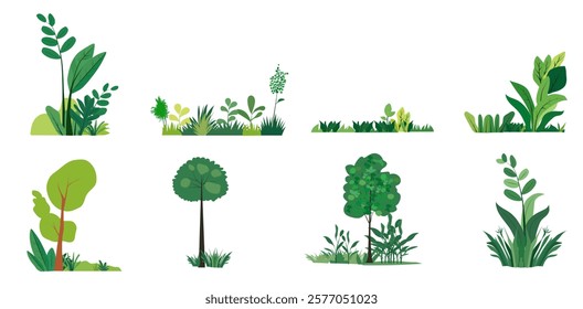 Vector set of  vibrant nature scene featuring grass, flowers, and trees with a green, eco-friendly design surrounded by floral patterns and environmental elements