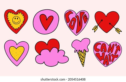 vector set vibrant psychedelic valentines. Hippie collection for valentine's day. Punk rock style 70s and 80s. Stories social media stickers. Heart shapes in funky and groovy style